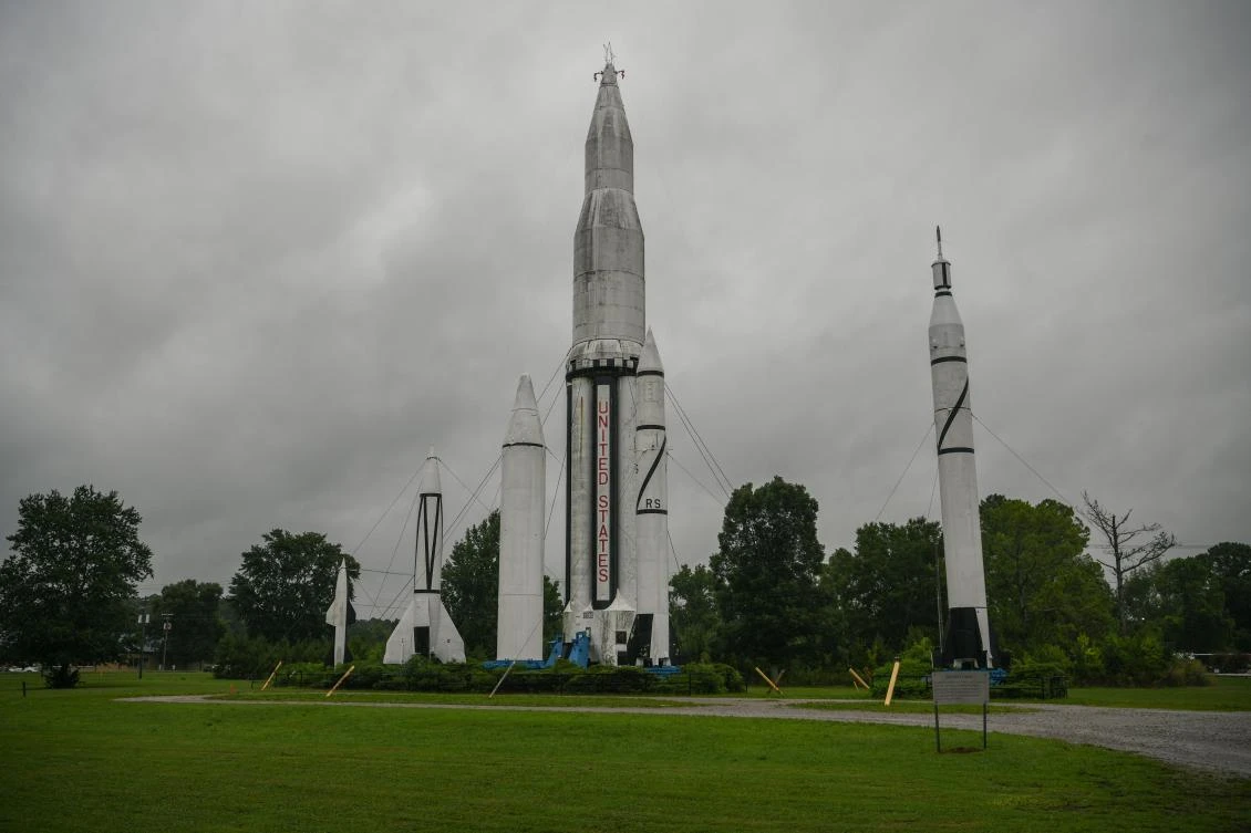 NASA rockets including the V-2 rocket and Saturn I rocket are seen at Rocket Park on July 17, 2019, at NASA's Marshall Space Flight Center in Huntsville, Alabama. (AFP)