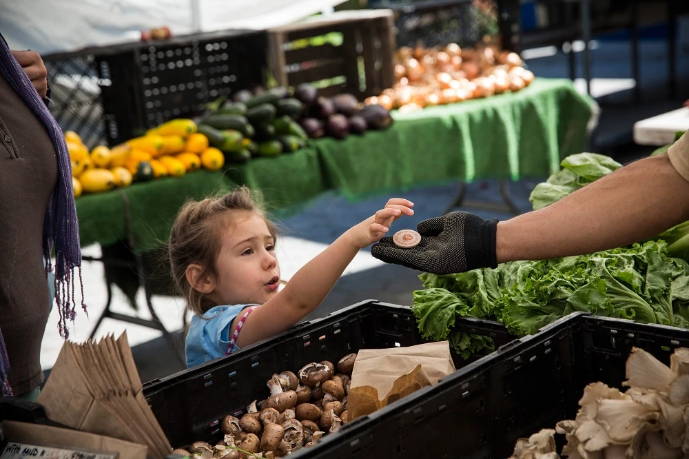 girl pays for her mother's groceries using Electronic Benefits Transfer (EBT) tokens, more commonly known as Food Stamps, at the GrowNYC Greenmarket in Union Square on September 18, 2013 in New York City. (File/AFP)