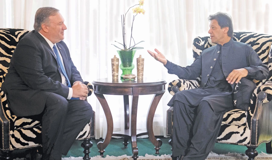 Pakistani Prime Minister Imran Khan and US Secretary of State Mike Pompeo hold a meeting in Washington, DC. (AFP)