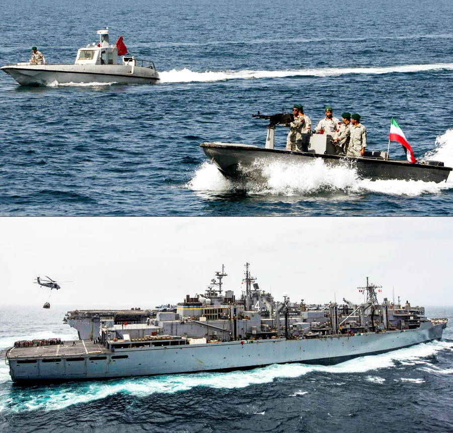 This combination of file pictures created on July 22, 2019, shows Iranian soldiers taking part in the "National Persian Gulf day" in the Strait of Hormuz, on April 30, 2019 (up) and the amphibious assault ship USS Boxer (LHD 4) receiving a vertical replenishment-at-sea in the Arabian Sea on July 14, 2019. (US Navy photo via AFP)