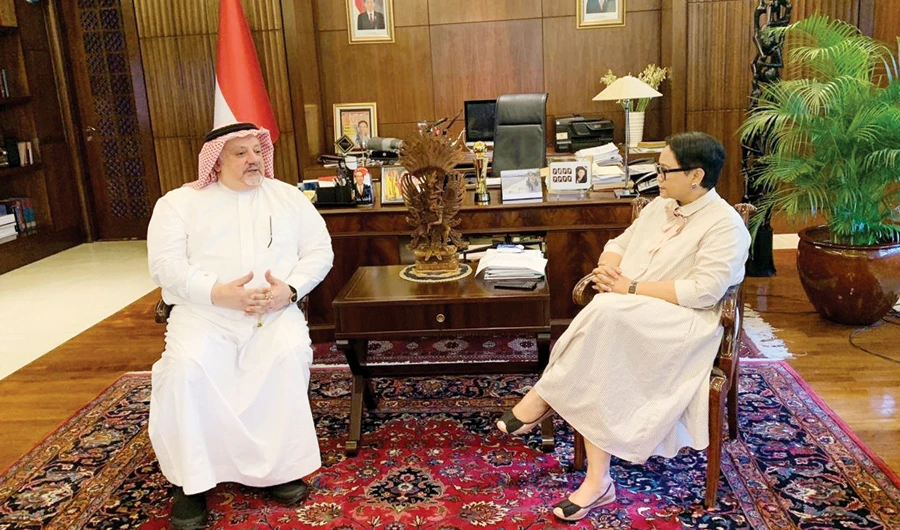 Saudi Ambassador to Indonesia Issam bin Abed Al-Thaqafi meets Indonesian Foreign Minister Retno Marsudi in Jakarta on Friday. (SPA)