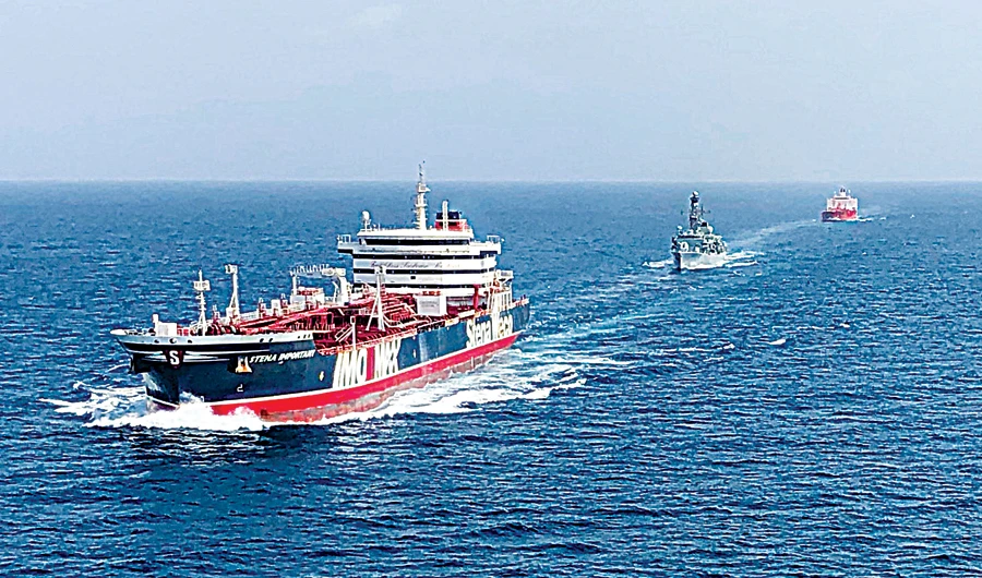HMS Montrose accompanying the Stena Important and the Sea Ploeg vessels in the Gulf. Tensions have risen between the UK and Iran since Royal Marines intercepted and seized an Iranian tanker off Gibraltar. (Supplied)