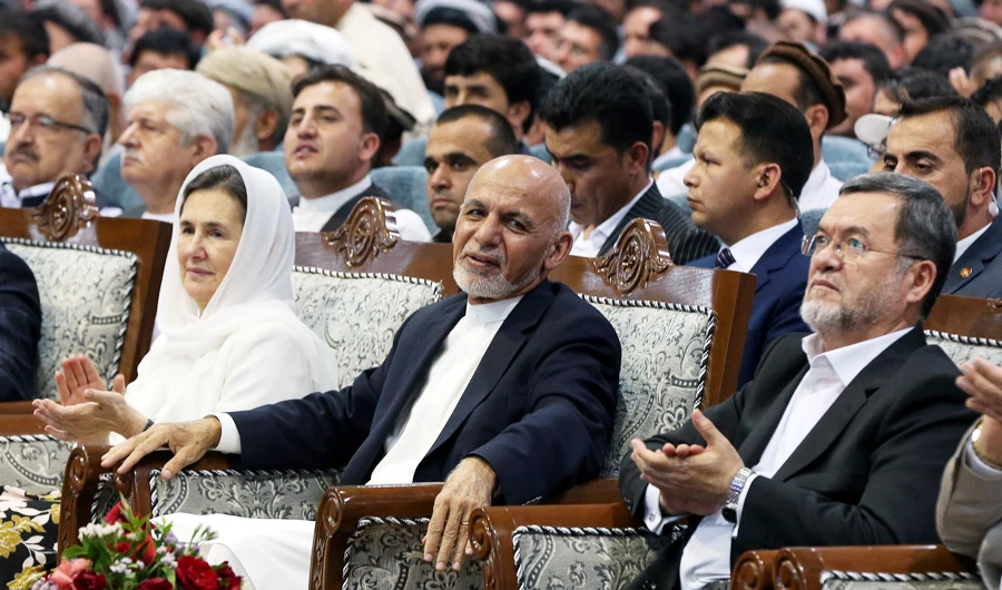 Afghan presidential candidate Ashraf Ghani (C) attends the first day of the presidential election campaign in Kabul, Afghanistan, July 28, 2019. (REUTERS)