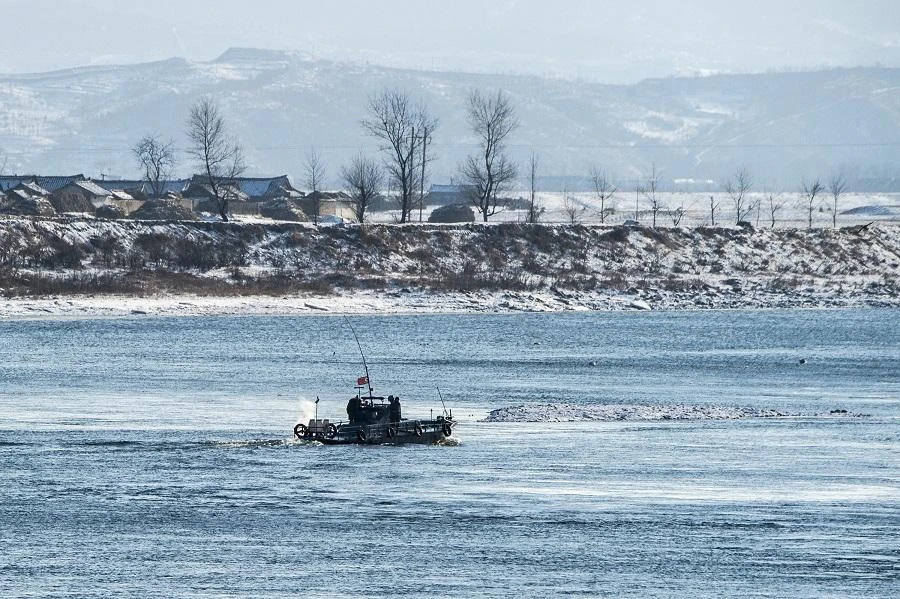 A North Korean naval boat patrols on the Yalu river in North Korea's Sakchu county in North Pyongan province. (File/AFP)