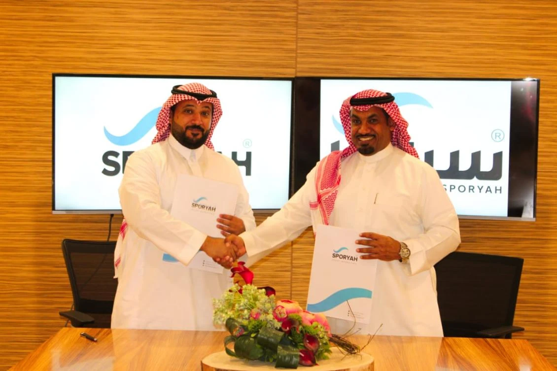 Al-Shaqawi and Al-Mutairi during the signing of the exclusive marketing agreement for the World Rally champion team. (Supplied/Sporyah)