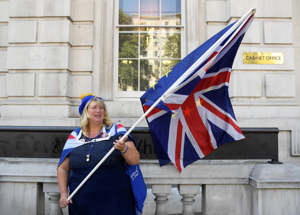 An anti-Brexit protester is seen outside the Cabinet Office in London, Britain July 29, 2019. (Reuters)