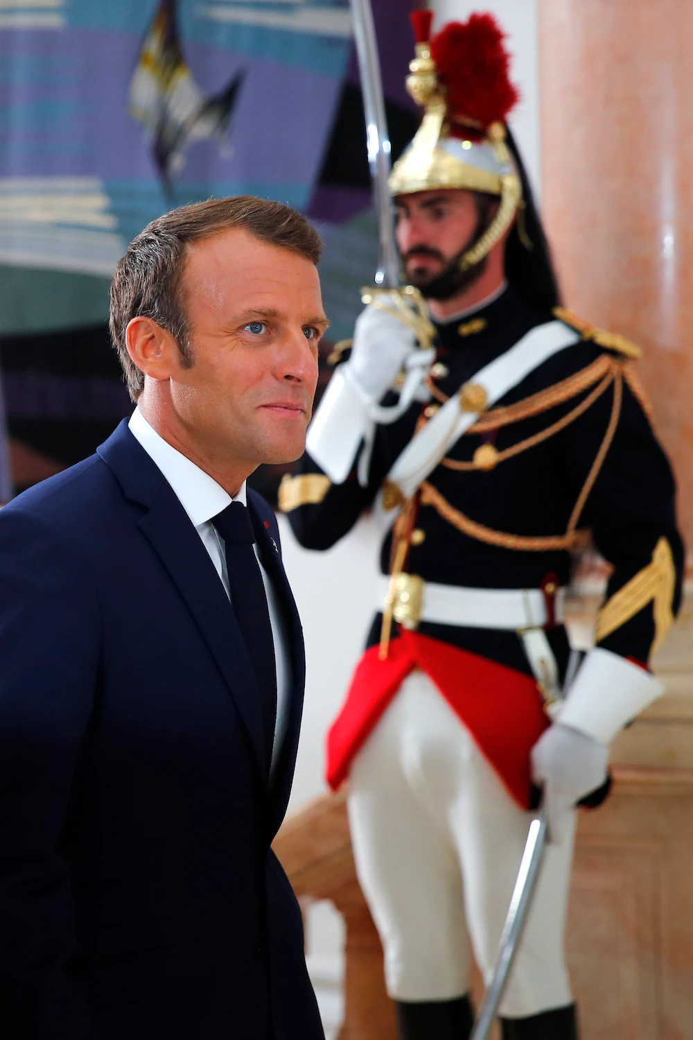 French President Emmanuel Macron arrives to welcome African leaders Sunday, Aug. 25, 2019 in Biarritz. (AP)