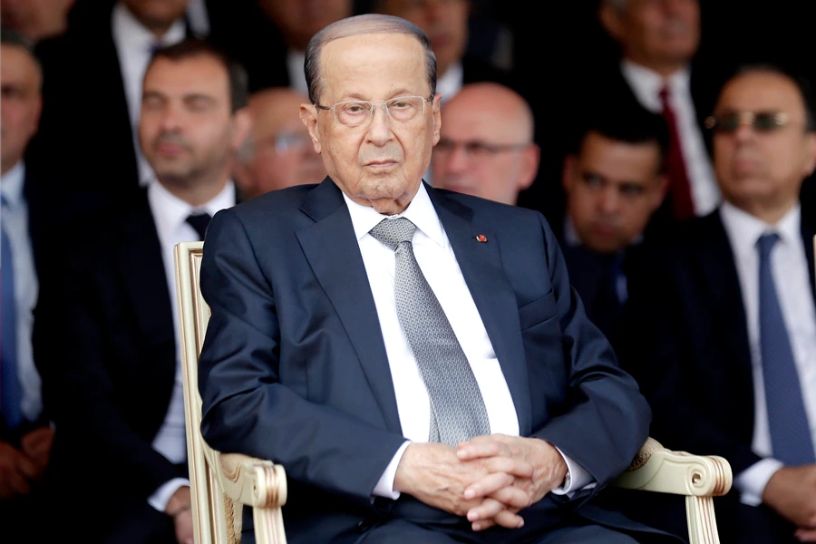 Lebanese President Michel Aoun attends a graduation ceremony marking the 74th Army Day, at a military barracks in Beirut, Lebanon, Thursday, Aug. 1, 2019. (AP)