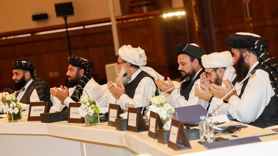 Members of the Taliban attending the second day of the Intra Afghan Dialogue talks last month in Doha. (File/AFP)