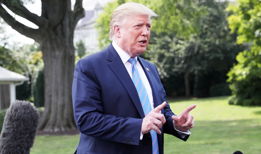 U.S. President Donald Trump talks to reporters as he departs for travel to Bedminster, New Jersey from the South Lawn of the White House in Washington, U.S., August 2, 2019. (REUTERS)