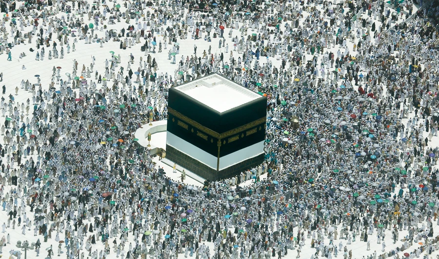 Muslim pilgrims circumambulate around the Kaaba, the cubic building at the Grand Mosque, in the Muslim holy city of Mecca, Saudi Arabia, Sunday, Aug. 4, 2019. (AP)