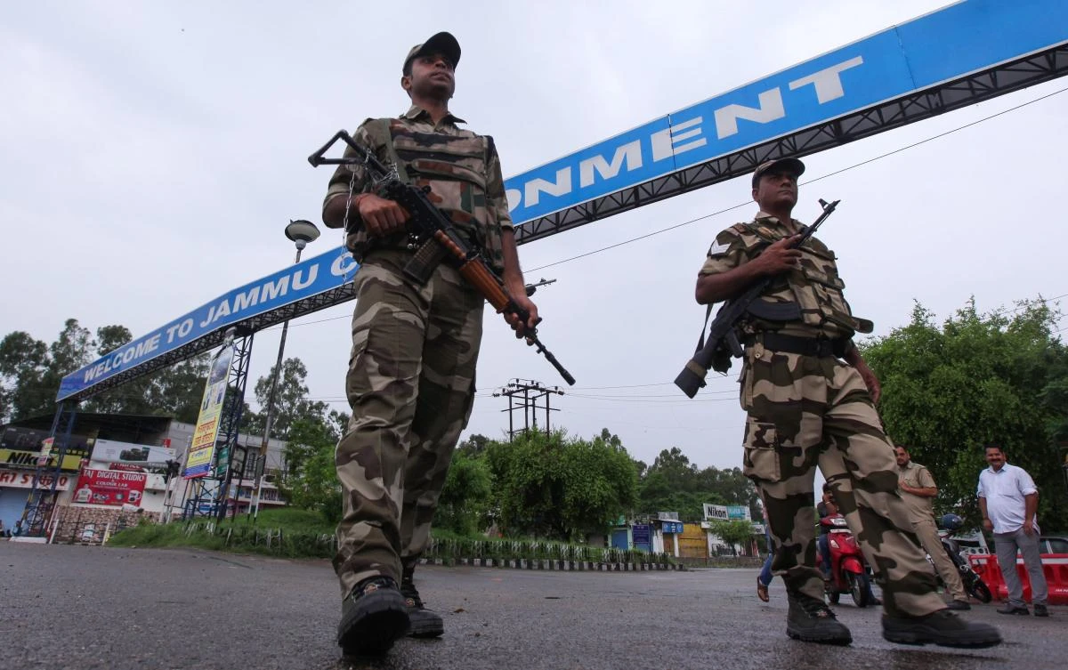 Security personnel stand guard at a roadblock in Jammu on Wednesday. (AFP)
