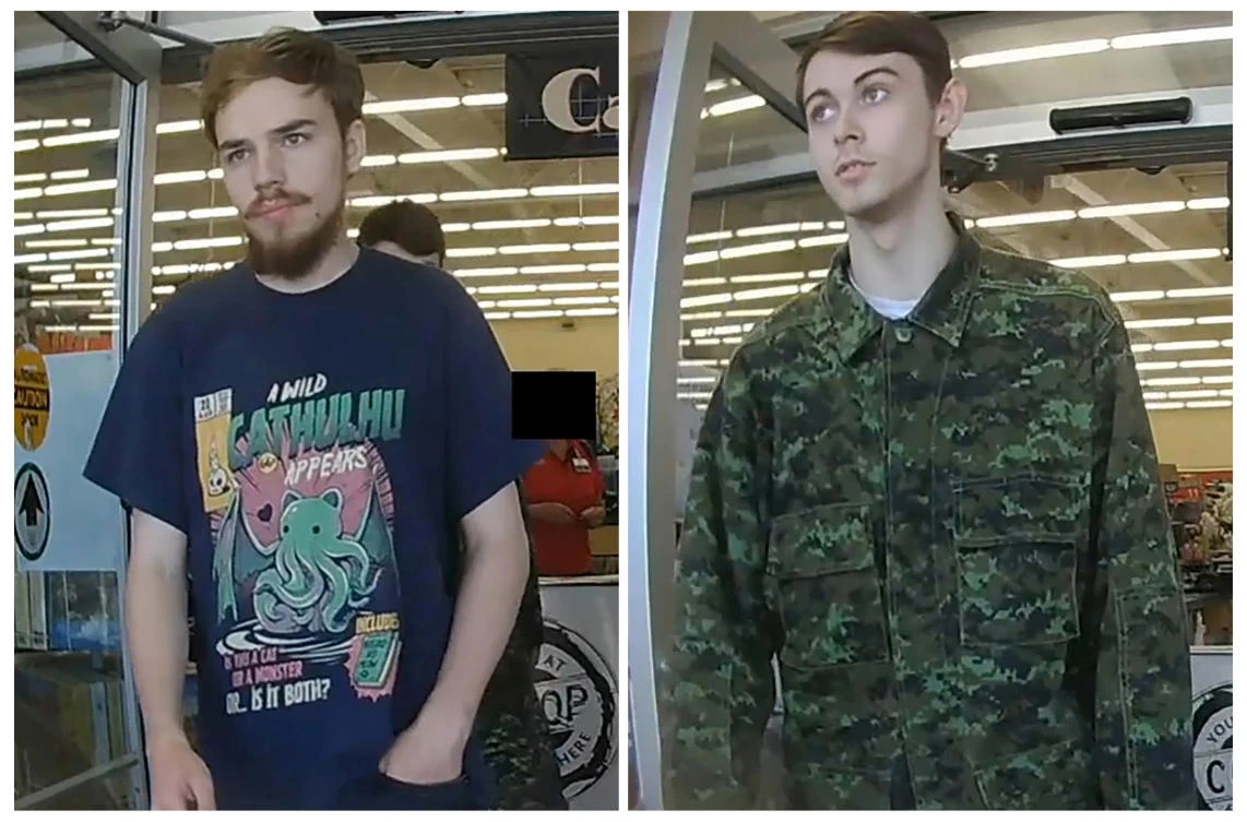 Kam McLeod, 19 and Bryer Schmegelsky, 18, suspects in the murder of an Australian tourist and his American girlfriend in northern British Columbia, and charged with the second-degree murder of Leonard Dyck, are seen in a combination of still images from undated CCTV. (Reuters)