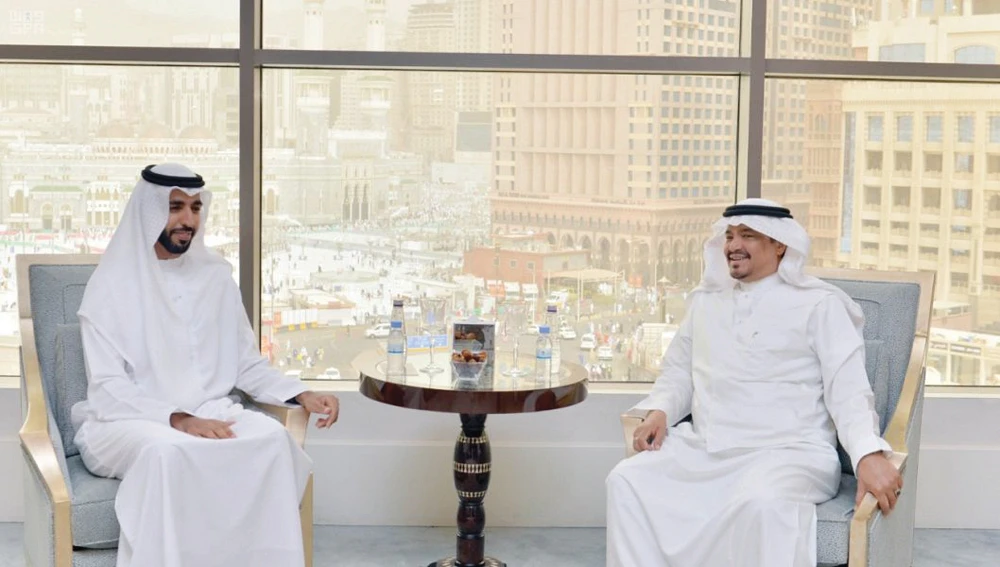 UAE Ambassador Sheikh Shakhbout bin Nahyan Al-Nahyan meets Minister of Hajj and Umrah Dr. Mohammed Salih Bentin. (SPA)