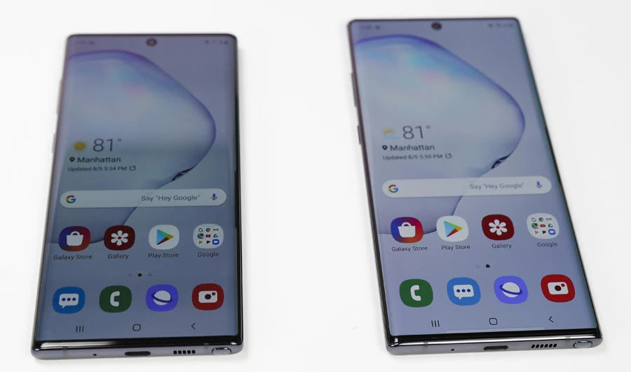 The Samsung Galaxy Note 10, left, and the Galaxy Note 10 Plus, won't have a headphone jack. The Galaxy Note 10 loses that, even though Samsung executives have long poked fun at rivals for ditching it. (AP Photo/Frank Franklin II)