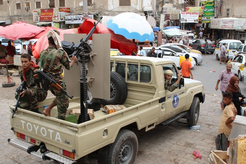 Fighters from the separatist Southern Transitional Council (STC) drive their pick up in Aden on Thursday. (AFP)