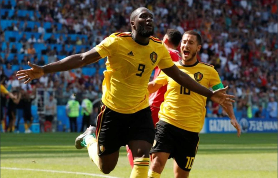 Romelu Lukaku celebrates with Eden Hazard after scoring for Belgium against Tunisia in the 2018 Russia World Cup. (Reuters)