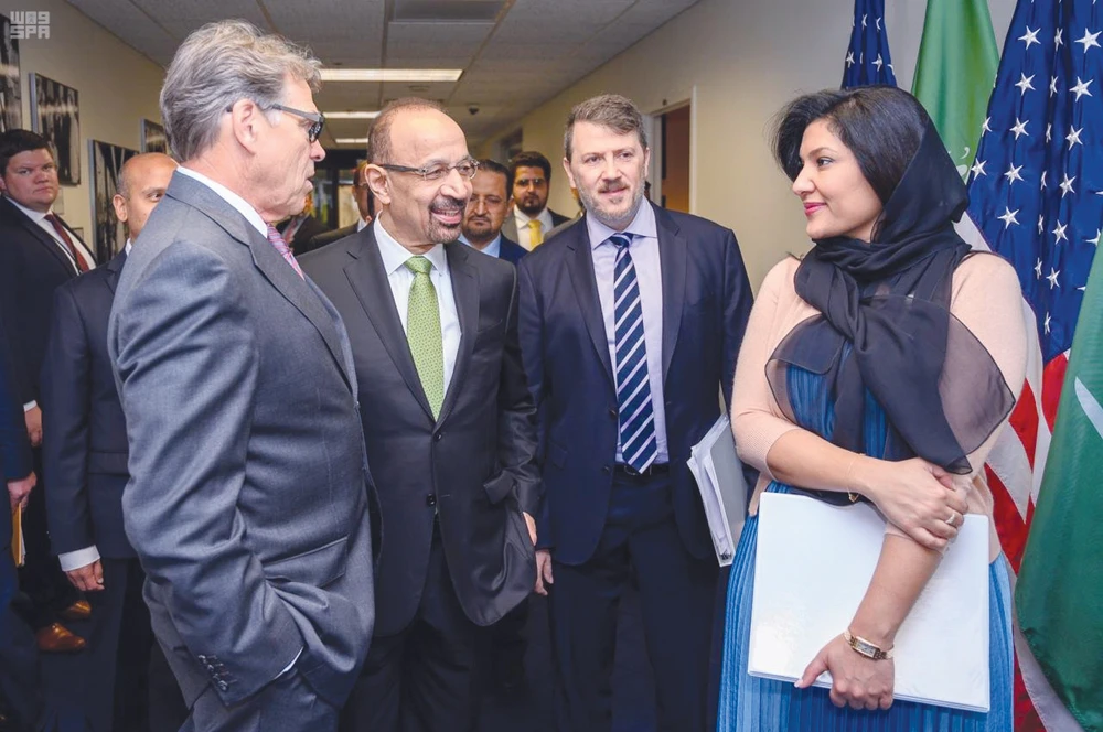 Saudi Energy Minister Khalid Al-Falih holds talks with US Secretary of Energy Rick Perry with participation of Saudi Ambassador to the US Princess Reema bint Bandar bin Sultan in Washington. (SPA)