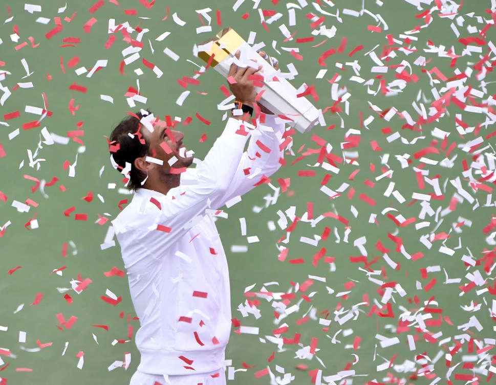 Rafael Nadal of Spain with the championship trophy after defeating Daniil Medvedev of Russia in the finals during the Rogers Cup tennis tournament at Stade IGA in Montreal, Quebec, Canada. (Eric Bolte-USA TODAY Sports)