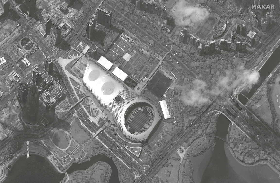 A satellite image appears to show Chinese military vehicles at Shenzhen Bay Sports Center in Shenzhen, China, August 12, 2019. Picture taken August 12, 2019. (Satellite image ©2019 Maxar Technologies/Handout via Reuters)