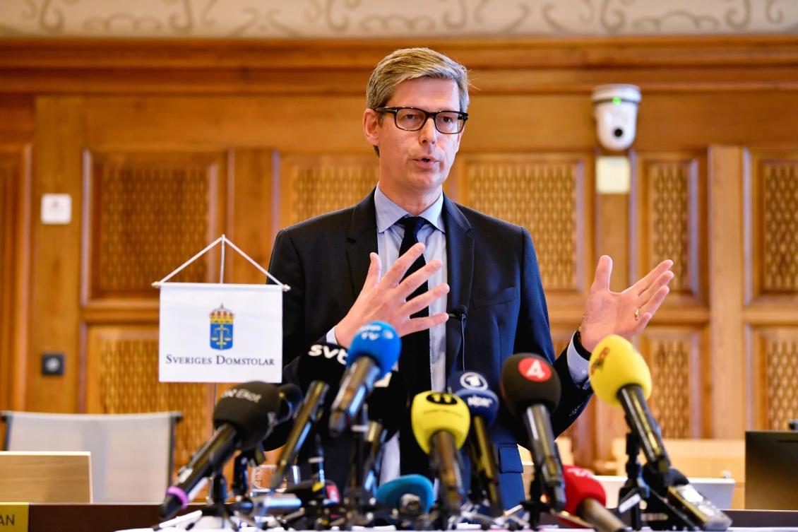 Swedish Judge Per Lennerbrant comments on the verdict during a news conference, after U.S. rapper ASAP Rocky, whose real name is Rakim Mayers, received a conditional sentence at Stockholm District Court, Sweden August 14, 2019. (Reuters)