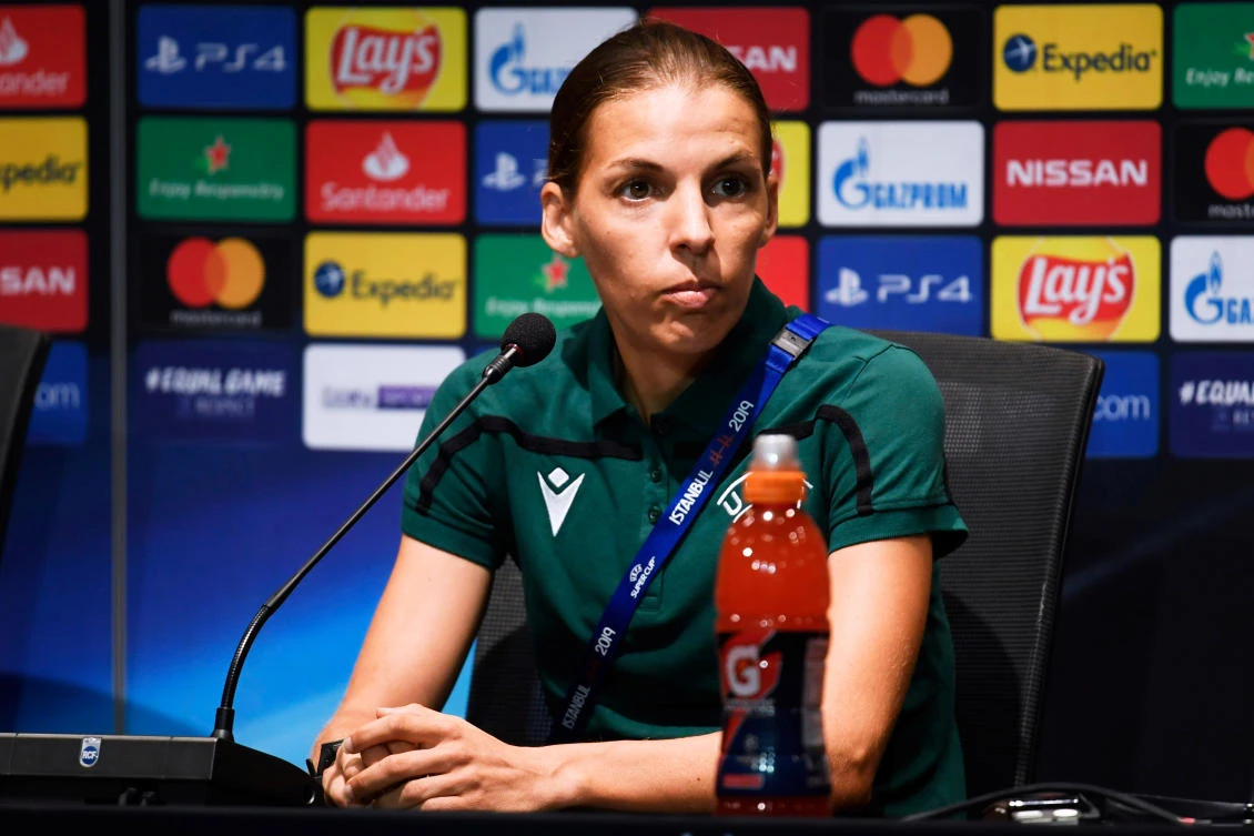 Referee Stephanie Frappart during a press conference before the UEFA Super Cup match between Liverpool and Chelsea. (Pool via Reuters)