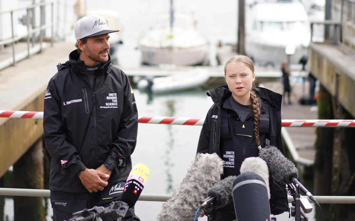 Swedish teenage climate activist Greta Thunberg attends a news conference ahead of her trans-Atlantic boat trip to New York in Plymouth, southern UK. (Reuters)