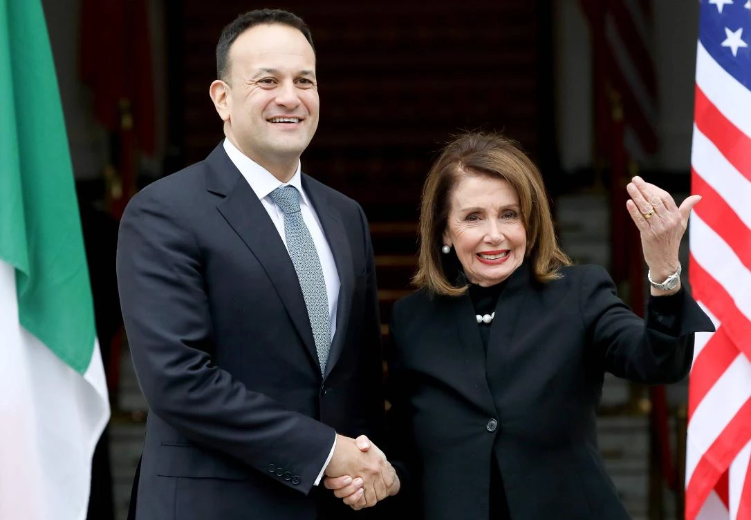 Irish Prime Minister Leo Varadkar, left, greets Nancy Pelosi at Goverment buildings in Dublin. An American trade pact with Britain is doomed if the latter’s withdrawal from the EU undermines the Northern Ireland peace accord, US House Speaker Nancy Pelosi warned. (AFP)