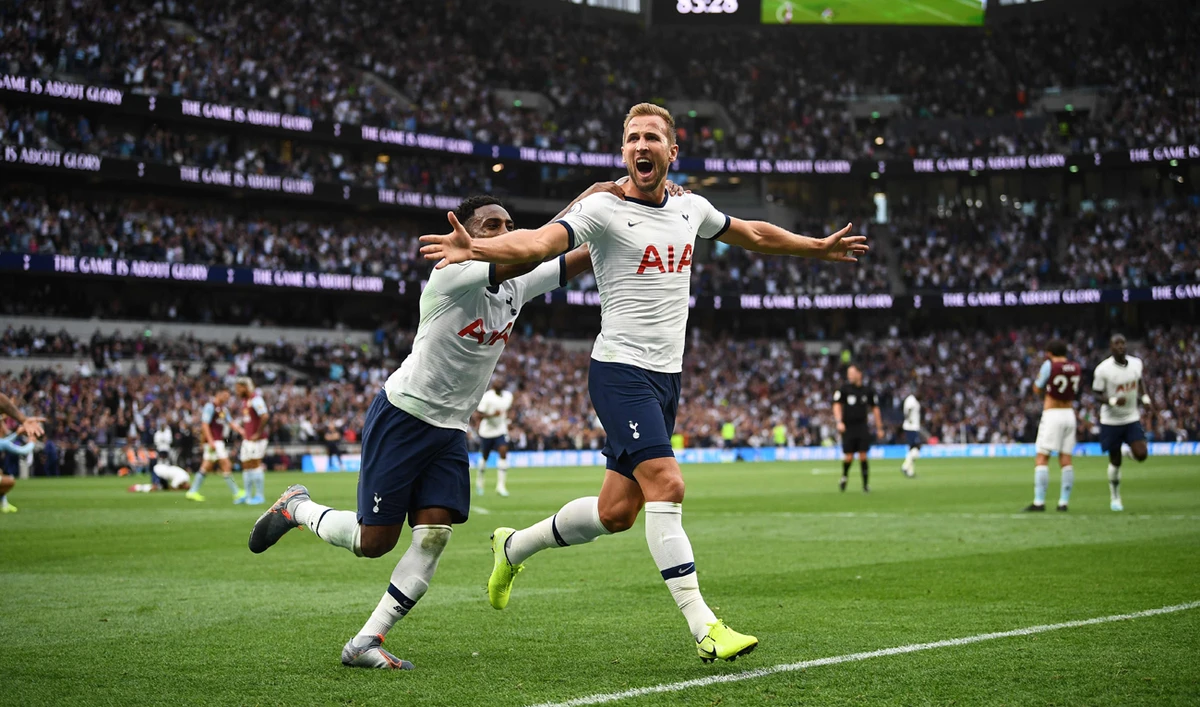 Harry Kane celebrates after he scores the team's second goal during the English Premier League football match between Tottenham Hotspur and Aston Villa on August 10, 2019. (AFP)