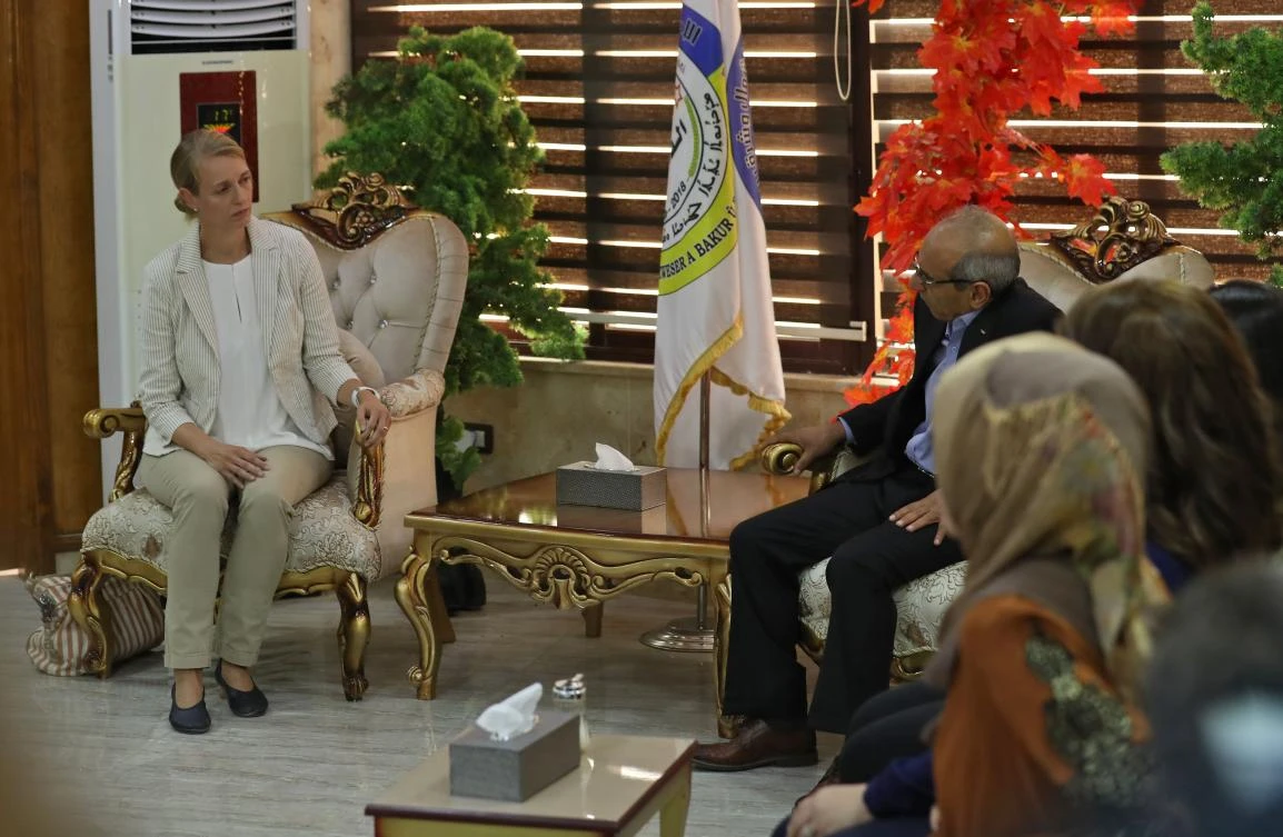 Manja Kliese, head of the German delegation, meets with Kurdish officials on the Syrian side of the Semalka border crossing on August 19, 2019. (AFP)