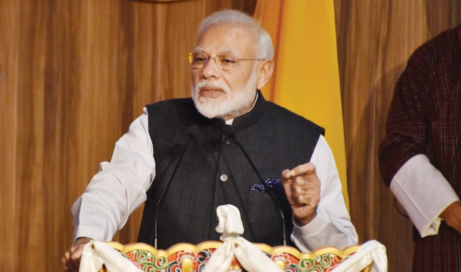 Indian Prime Minister Narendra Modi speaks during a meeting with students at the Royal University of Bhutan on Sunday. (AFP)