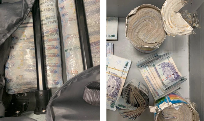 Saudi riyal and other foreign currency seized by Saudi customs officials from smugglers at the airport in Madinah last week. (SPA) photos)