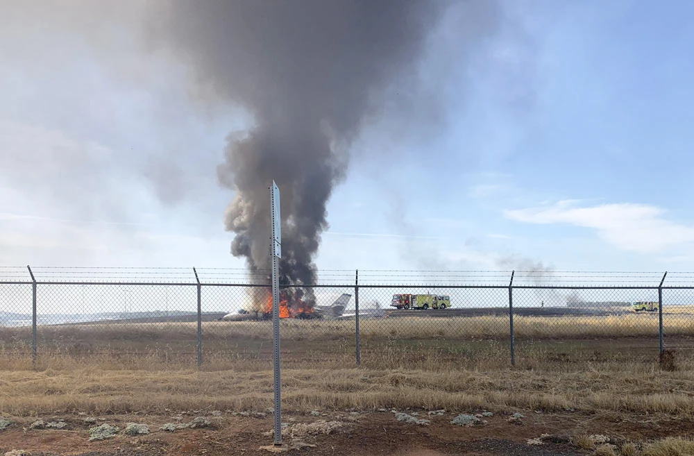 A jet bursts into flames after aborting a takeoff on Aug. 21, 2019, in Oroville, California. (California Highway Patrol via AP)