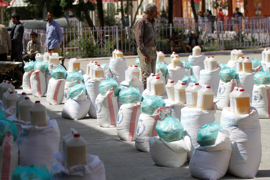The aid provided by the World Food Programme (WFP) for distribution is pictured in Sanaa, Yemen on August 21, 2019. (REUTERS/Mohamed al-Sayaghi)