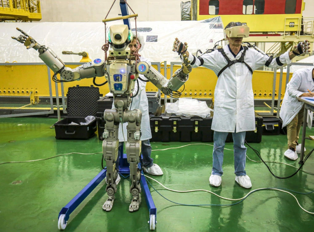 This handout picture taken on July 26, 2019 and released by the official website of the Russian State Space Corporation ROSCOSMOS on August 21, 2019 shows Russian humanoid robot Skybot F-850 (Fedor) being tested ahead of its flight on board Soyuz MS-14 spacecraft at the Baikonur Cosmodrome in Kazakhstan. (AFP)
