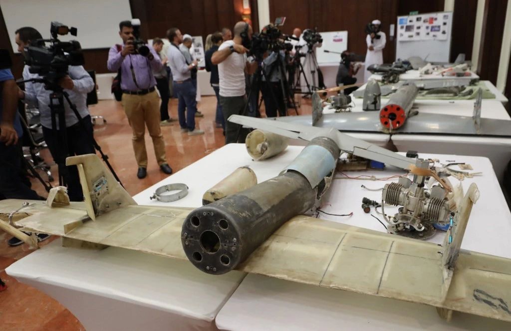 Debris of Iranian-made drones displayed in Abu Dhabi, which the Emirati armed forces say were used by Houthi rebels in Yemen. (AFP/File photo)