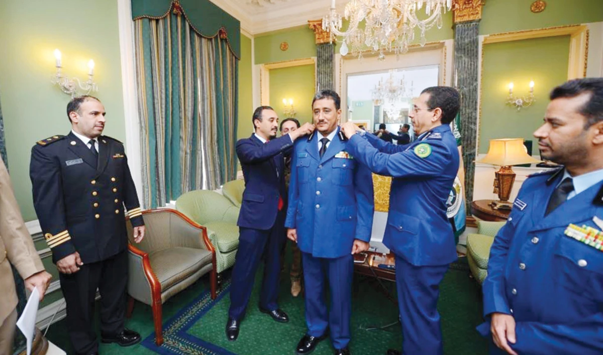 Saudi Ambassador to the UK Prince Khalid bin Bandar bin Sultan meets Saudi Military Attache Maj. Gen. Abdullah bin Saleh Al-Zughaibi. Prince Khalid granted Lt. Col. Bandar bin Hamid Ahmed the rank of colonel, and Capt. Muhannad bin Munir Al-Fakharani the rank of major. (SPA)