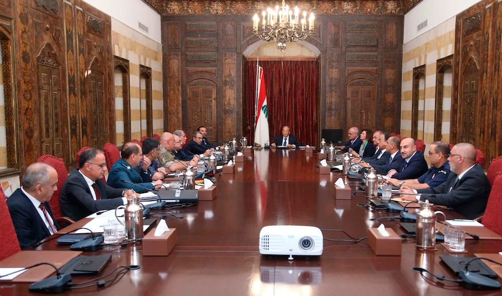 President Michel Aoun chairs a meeting of the Higher Defense Council in the historic Beiteddine Palace in Lebanon's Chouf moutains. (AFP / DALATI AND NOHRA)