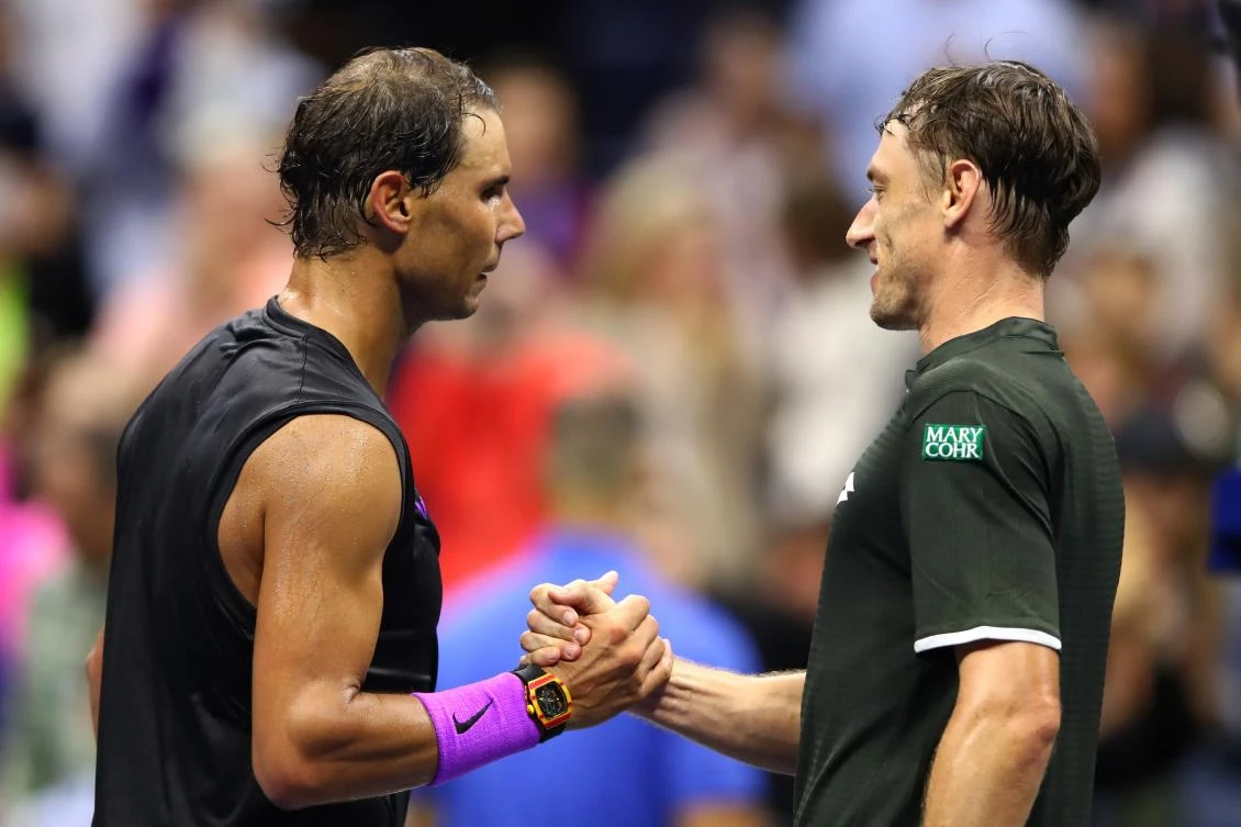 Rafael Nadal of Spain and John Millman of Australia after their Men’s Singles first round match on day two of the 2019 US Open at the USTA Billie Jean King National Tennis Center in the Flushing neighborhood of the Queens borough of New York City. (AFP)