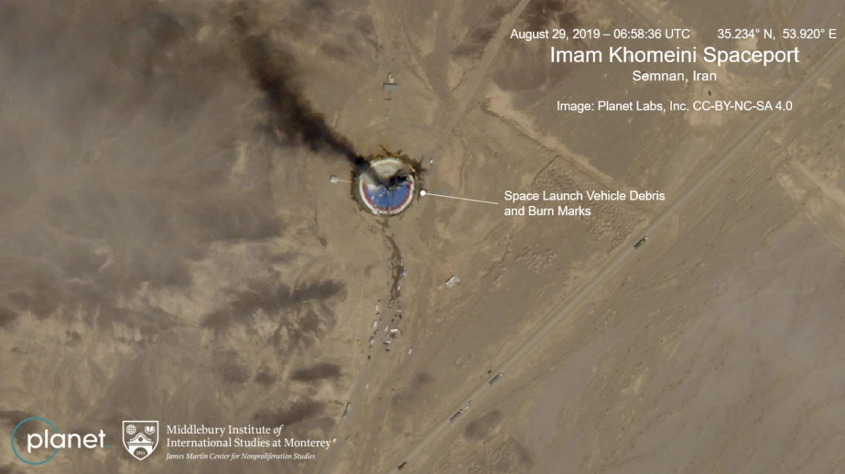 Satellite photos shows burning rocket at Iranian space center