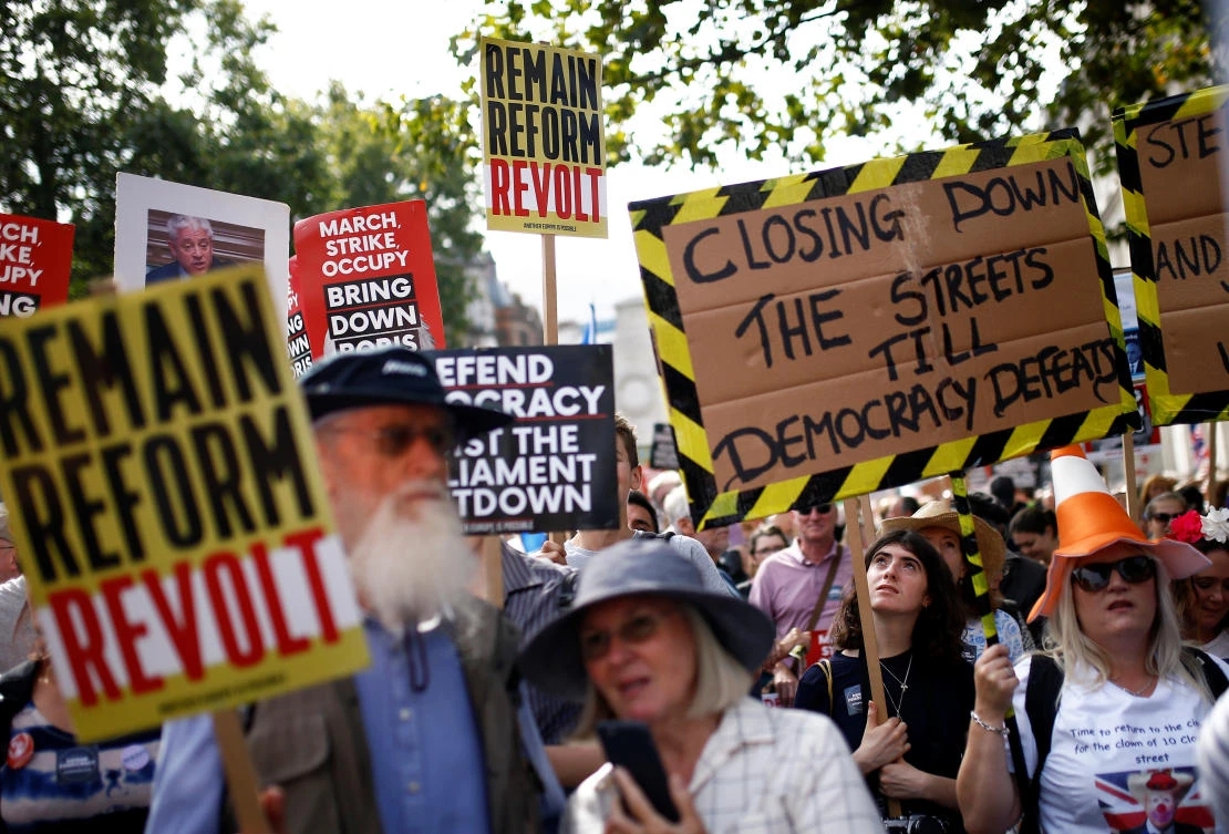 Anti-Brexit protestors demonstrate at Whitehall in London, Britain, August 31, 2019. (Reuters)