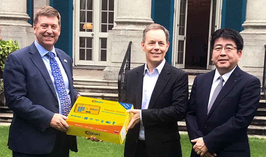 At the British Embassy following the last day of TICAD7, the UK’s Ambassador Paul Madden is joined by Azuri CEO Simon Bransfield-Garth, and Yoshiaki Yokota, chief operating officer, power business division at Marubeni Corporation, to discuss next-generation energy in Africa.