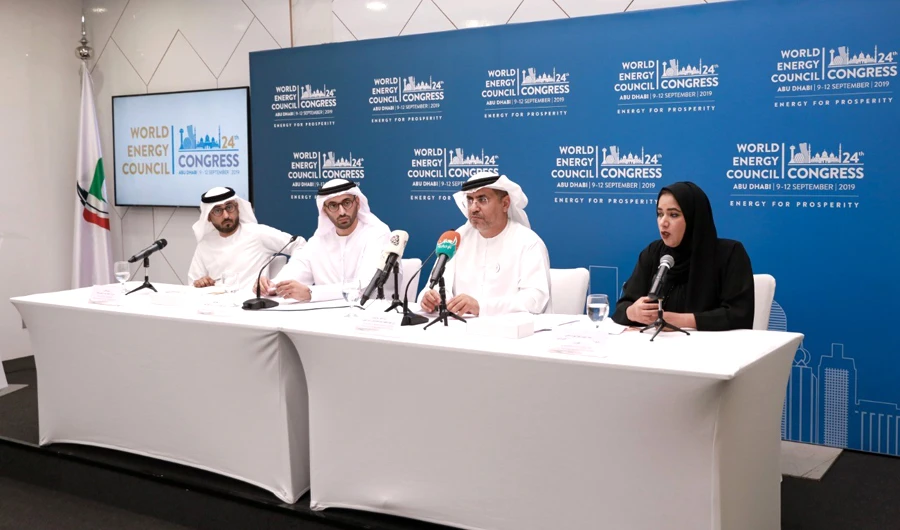 From left, Faisal Al-Dhahri, Khalifa Al-Qubaisi, Dr. Matar Al-Neyadi and Fatima addressing a press conference about the 24th World Energy Congress, which will be held from Sept. 9 to 12 in Abu Dhabi.