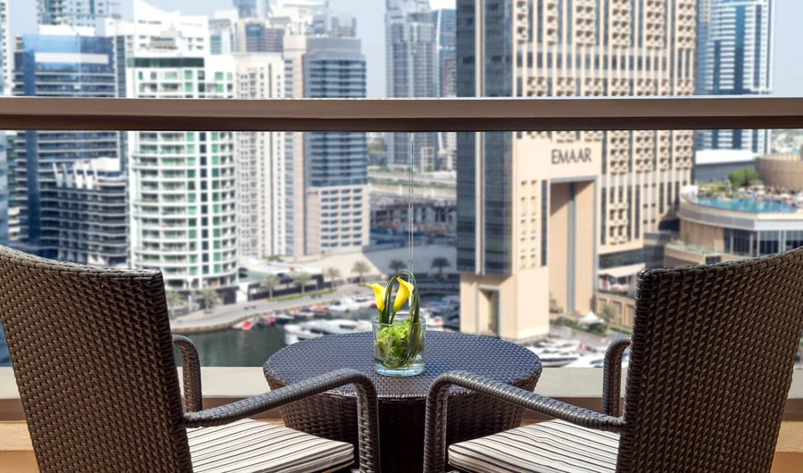 A guest room balcony at the hotel, which houses 360 stylish rooms, including suites and serviced apartments.
