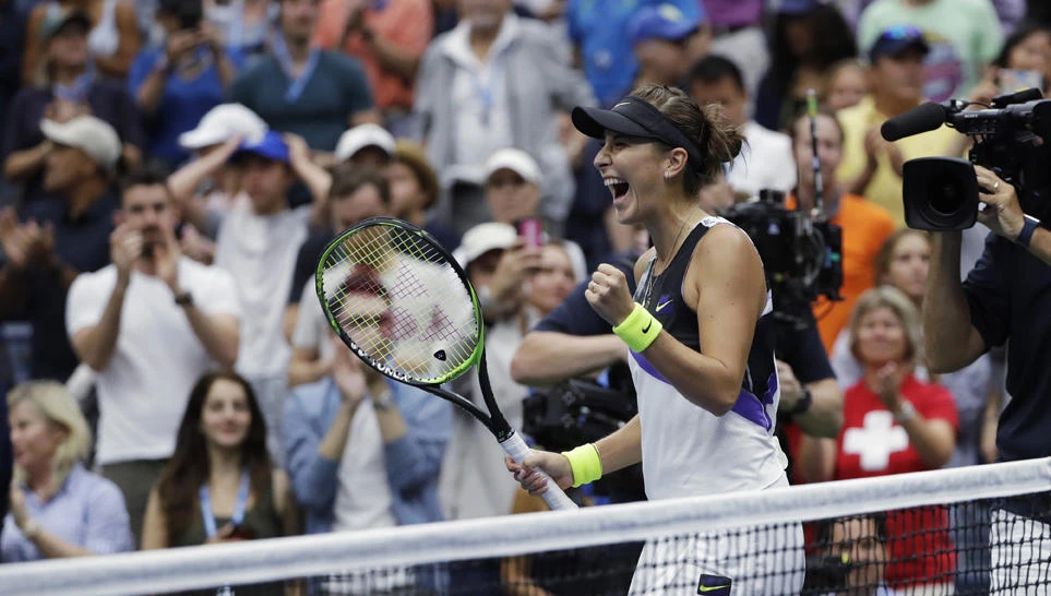 Belinda Bencic of Switzerland reacts after defeating Naomi Osaka of Japan during the fourth round of the US Open tennis championships on Sept. 2, 2019, in New York. (AP Photo/Frank Franklin II)