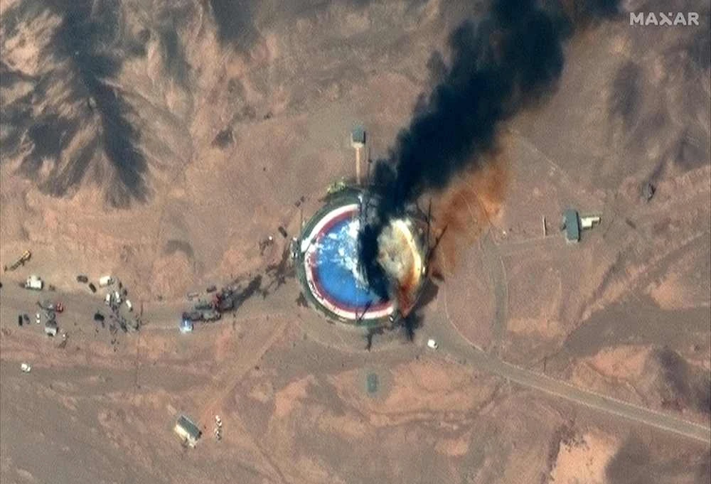 A satellite image captured the failed Iranian rocket launch last week at the Imam Khomeini Space Center in Semnan, Iran. (AFP/MAXAR TECHNOLOGIES)