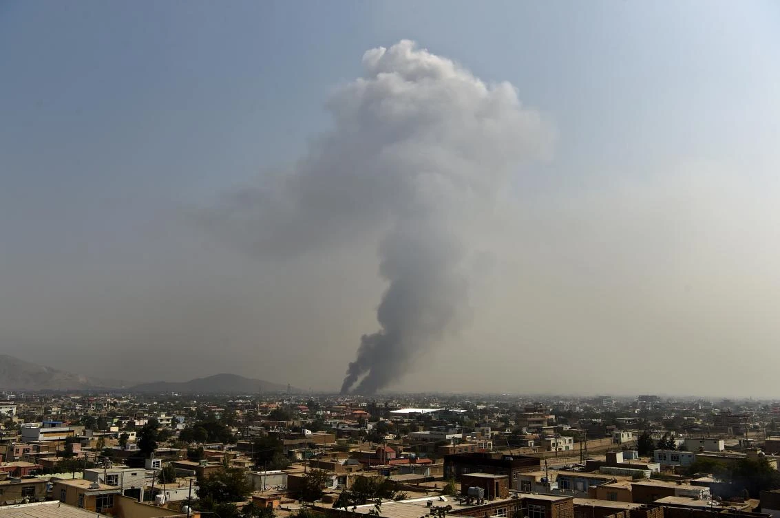 Smoke rises from the site of an attack after a massive explosion the night before near the Green Village in Kabul on September 3, 2019. (Wakil Kohsar/AFP)