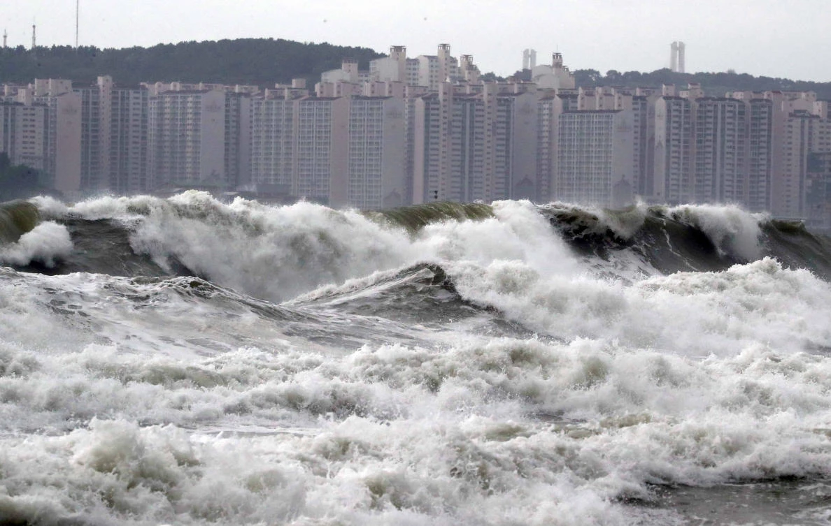 Typhoon Lingling’s winds of up to 140 kilometers per hour whipped up high waves in the southern port city of Busan on September 7, 2019. (Yonhap/AFP)