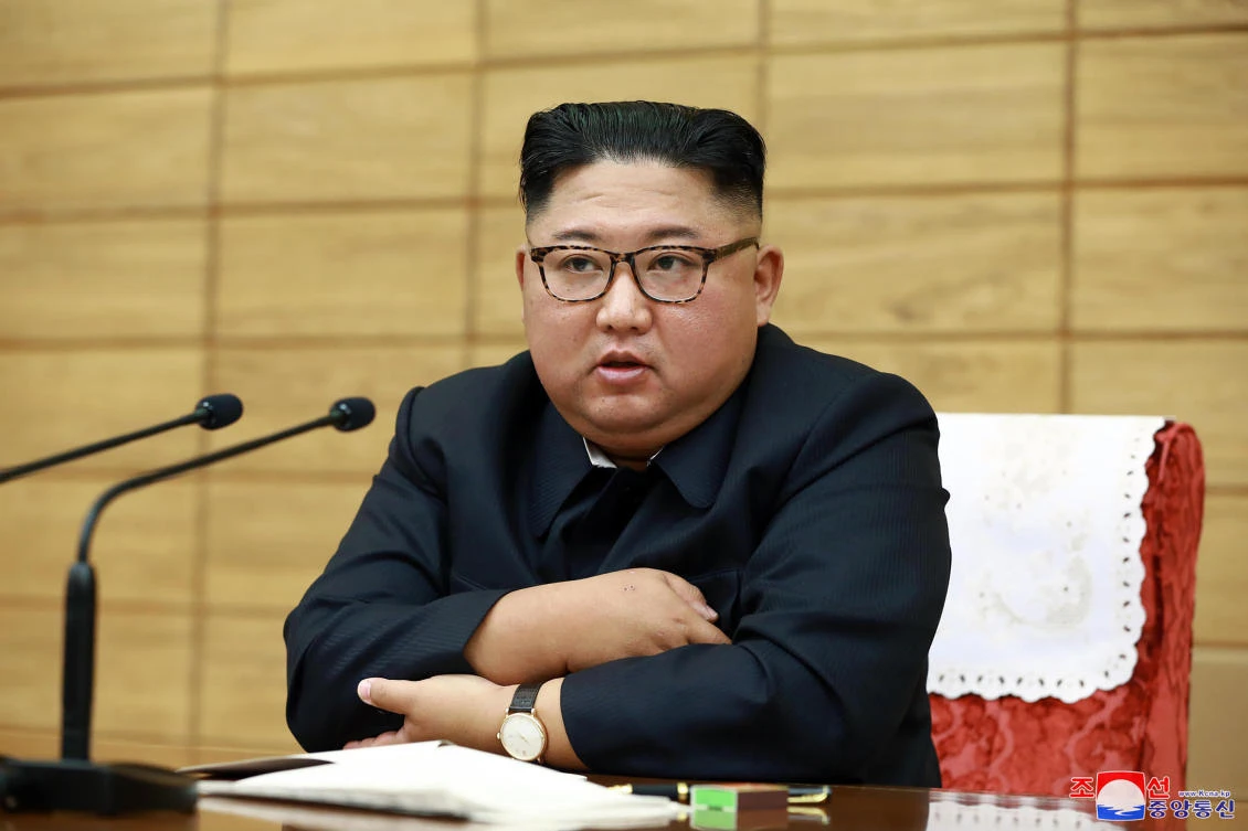 North Korean leader Kim Jong Un attends an emergency meeting to discuss disaster prevention efforts against Typhoon Lingling on Friday, September 6, 2019. (Korean Central News Agency/Korea News Service via AP)
