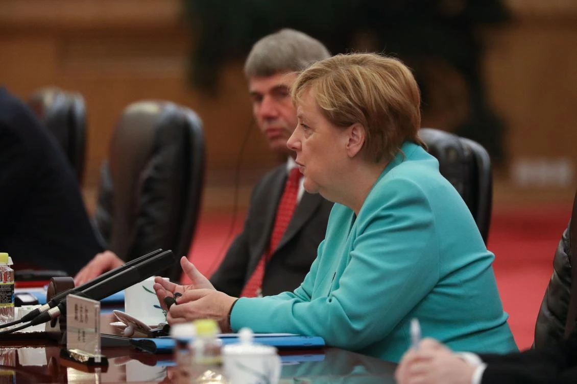 German Chancellor Angela Merkel speaks to Chinese Premier Li Keqiang (not pictured) during their meeting at the Great Hall of the People in Beijing on September 6, 2019. (File/AFP)